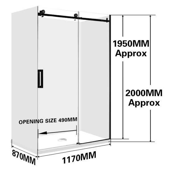 1170*870*1950mm 3 Sides Black Frameless Sliding Door Rectangle Shower Box